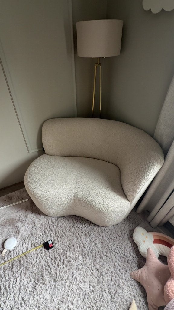 WOOOD fauteuil Stone crème bouclé stof met leuning rechts, Ophalen, Gebruikt, 75 tot 100 cm, 100 tot 125 cm
