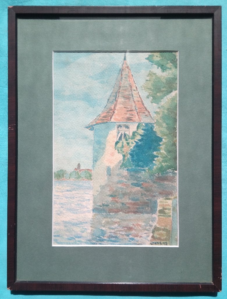 AQUAREL 1927 LUDWIG MUTHS PULVERTURM LINDAU BODENSEE GESIGNE, Verzenden