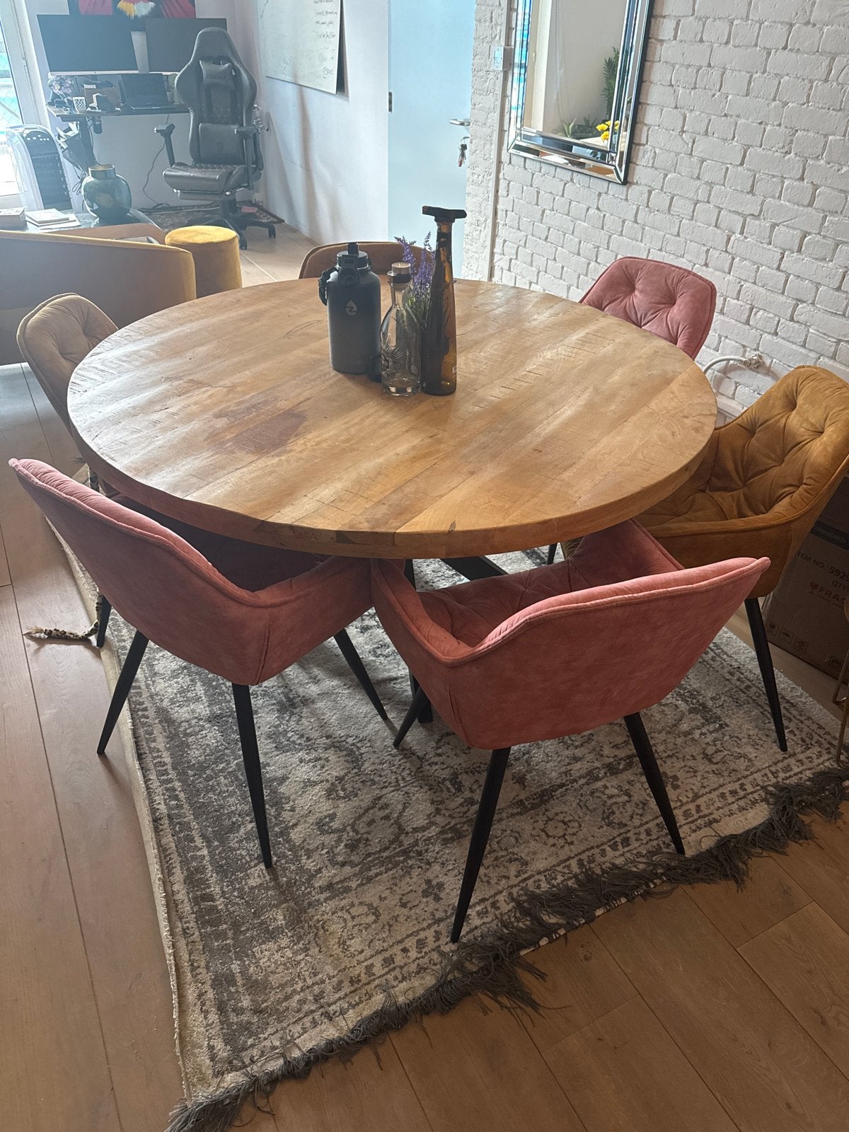 Ronde eettafel met 6 stoelen - Hout en stof, Ophalen, Gebruikt, 100 tot 150 cm, Rond