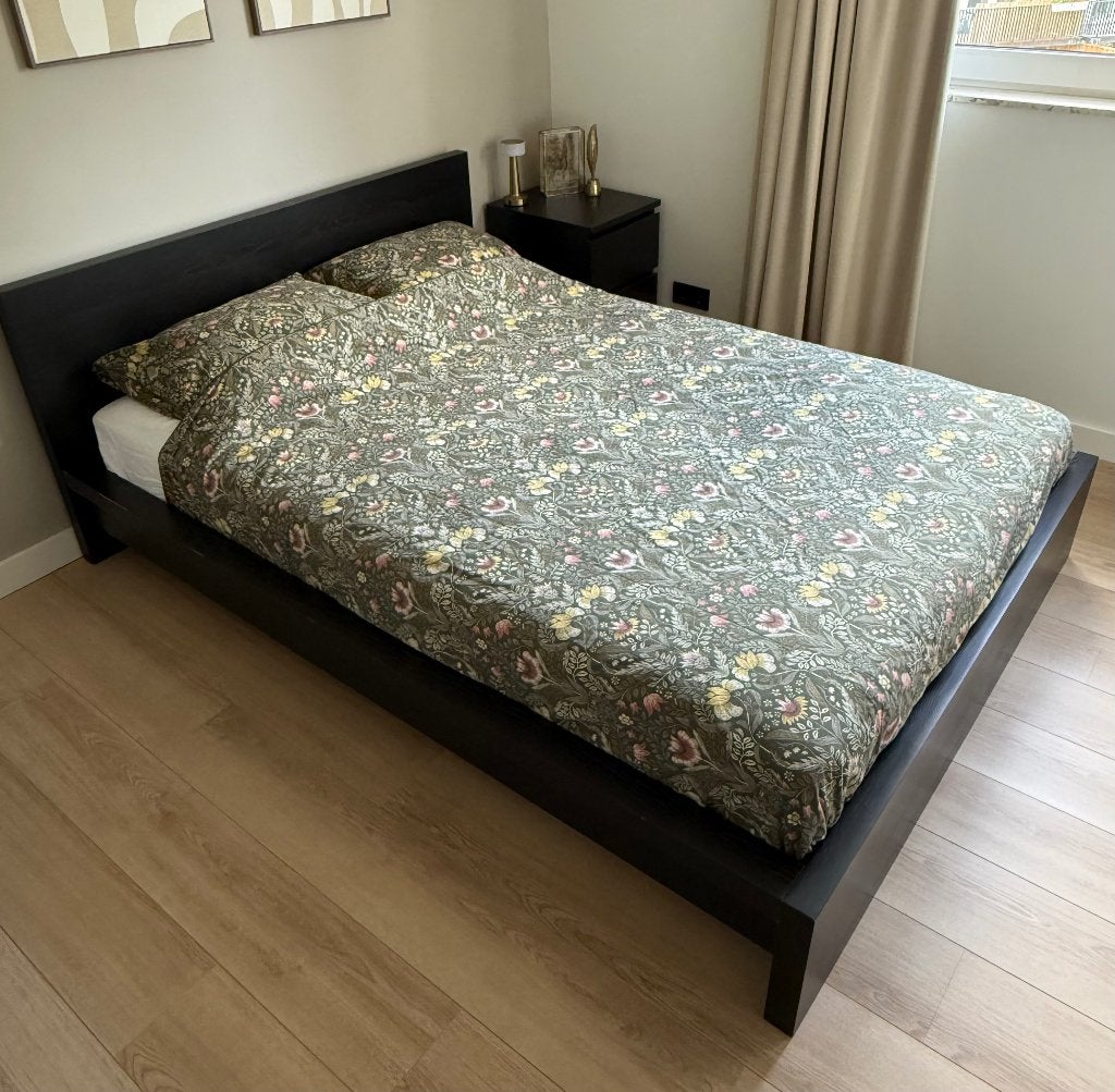 Compleet Malm bed | Zwart-Bruin | 140x200, Ophalen, Gebruikt, Zwart, Tweepersoons
