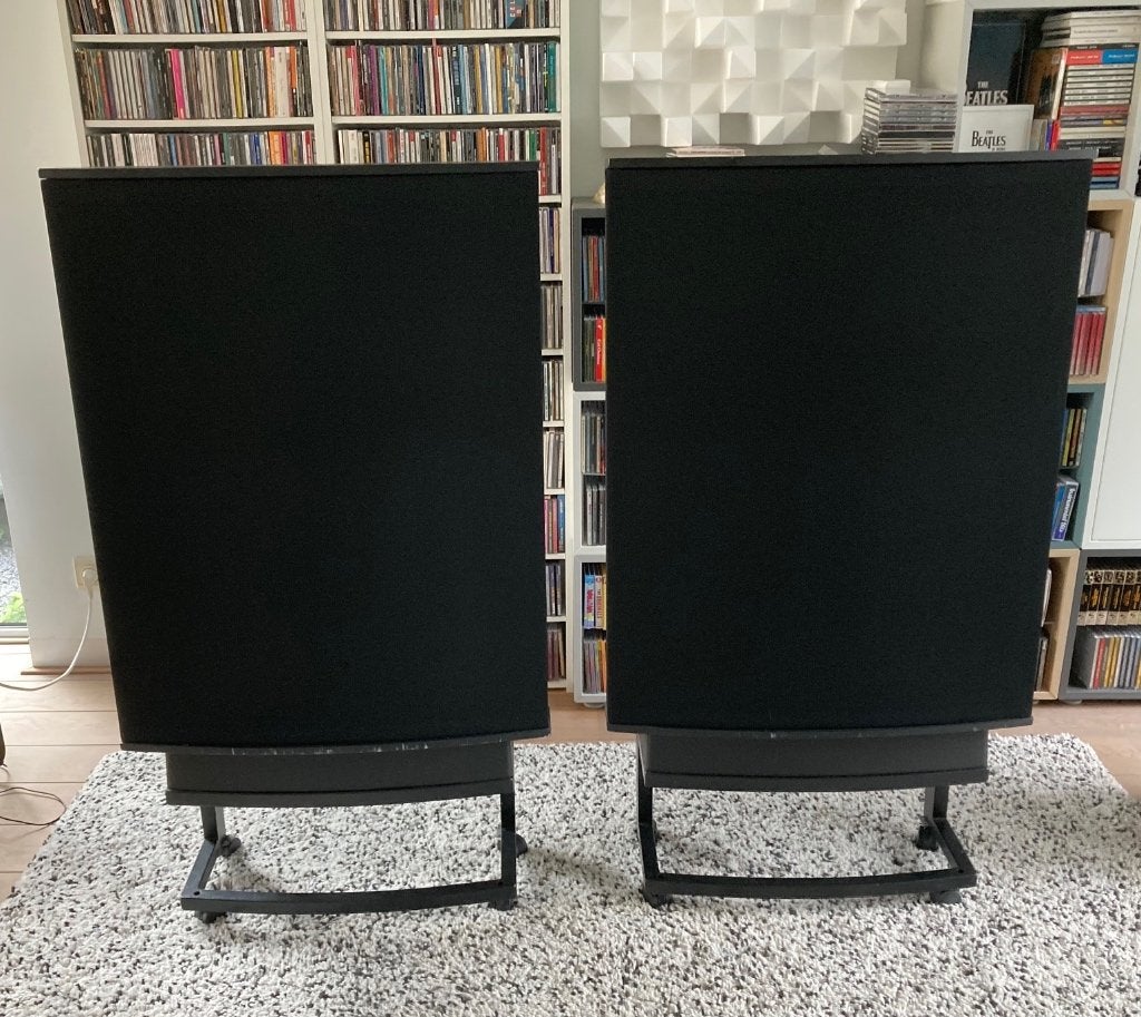 Quad ESL63 luidsprekers op originele stands (Zwart), Vloerstaande luidspreker, Gebruikt, 60 tot 120 watt, Ophalen
