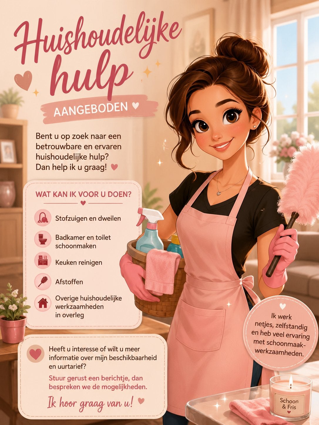Huishoudelijke hulp aangeboden, Vacatures, Vacatures | Schoonmaak en Facilitaire diensten, HBO, Vanaf 5 jaar, Overige vormen, Overige uren