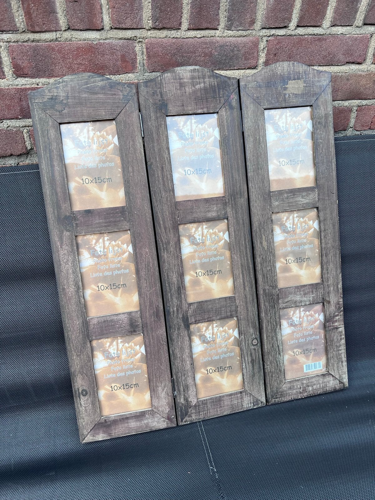 Houten inklapbare fotolijst voor 9 foto's (10x15cm), Huis en Inrichting, Woonaccessoires | Lijsten, Bruin, Zo goed als nieuw, 60 cm