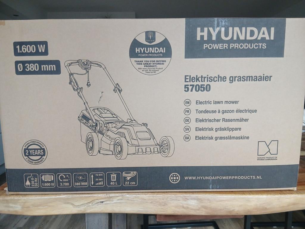 Nieuwe Hyundai elektrische grasmaaier 57050 - 1600W, Tuin en Terras, Grasmaaiers, Ophalen of Verzenden