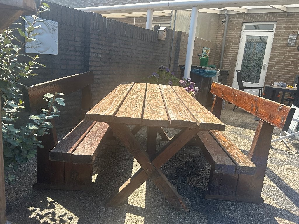 Houten tuintafel met 2 banken bruin, Ophalen, Gebruikt, Rechthoekig, Hout