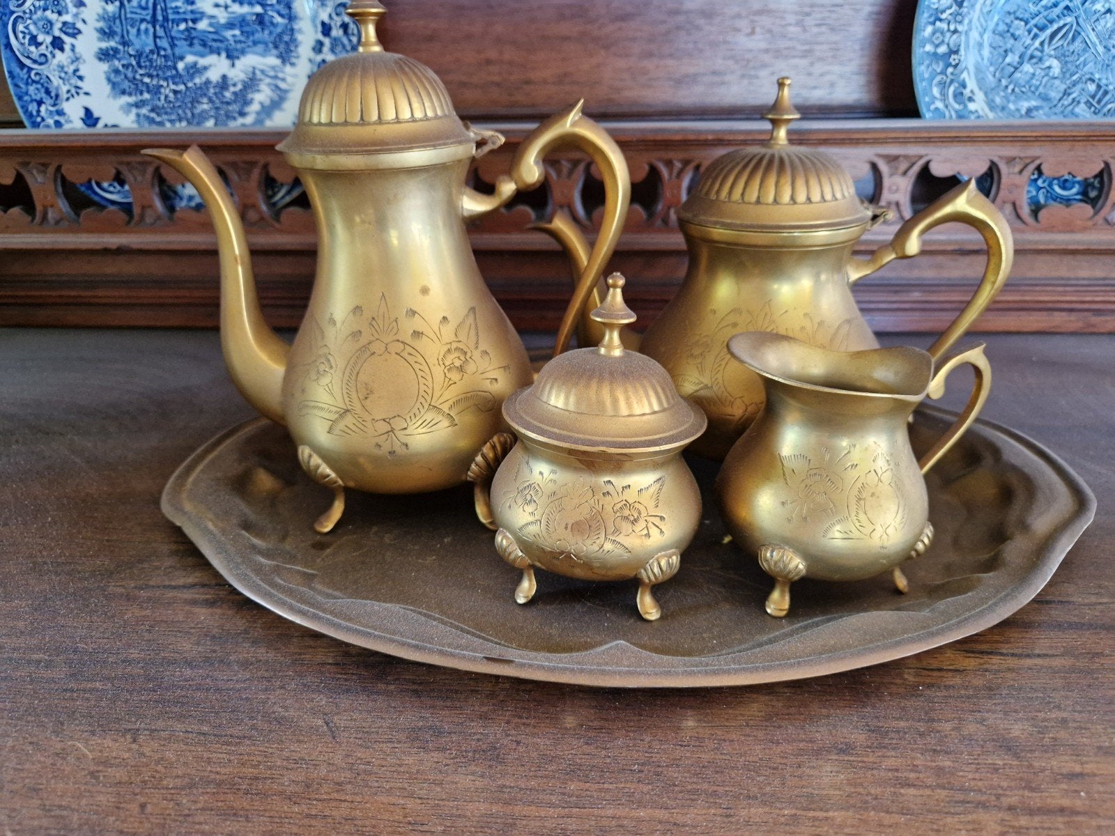 Antiek Koperen Koffie- en Theeservies op Dienblad, Antiek en Kunst, Ophalen of Verzenden, Koper