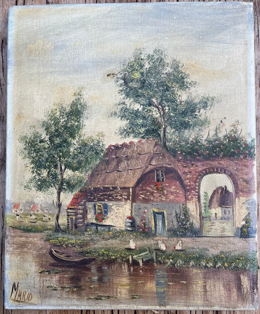 Olieverfschilderij boerderij aan het water, Doek, Ophalen of Verzenden, Landschap, Olieverf