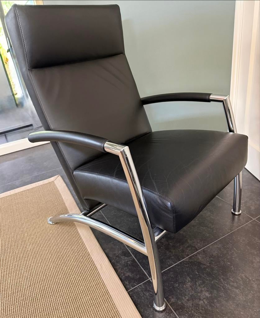 Leolux Helical Fauteuil - Zwart Leer & Chroom, Huis en Inrichting, Ophalen, Zwart, Leer, Zo goed als nieuw