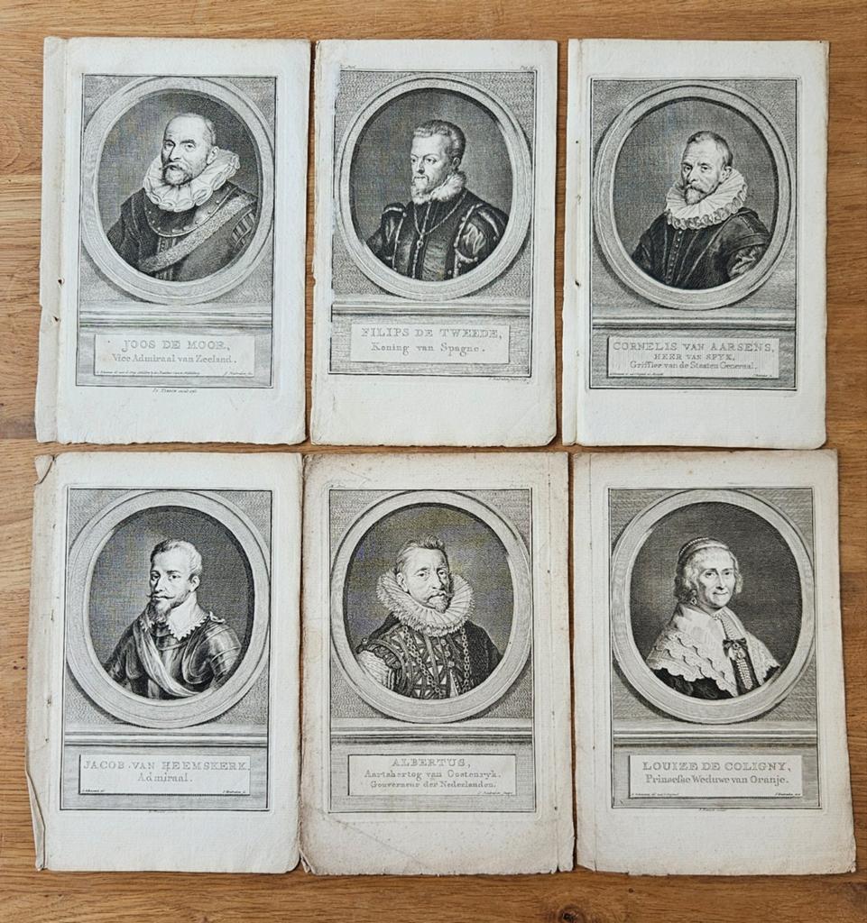 Set van 6 antieke gravures: portretten historische figuren, Antiek en Kunst, Kunst | Etsen en Gravures, Ophalen of Verzenden, Portret