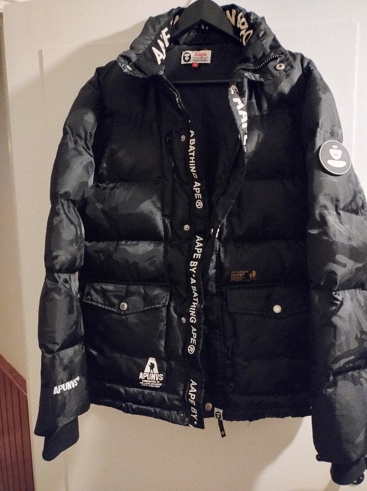 AAPE BY *A BATHING APE Black Camo Puffer Jacket - Maat XL, Ophalen, Zwart, Maat 56/58 (XL), Zo goed als nieuw