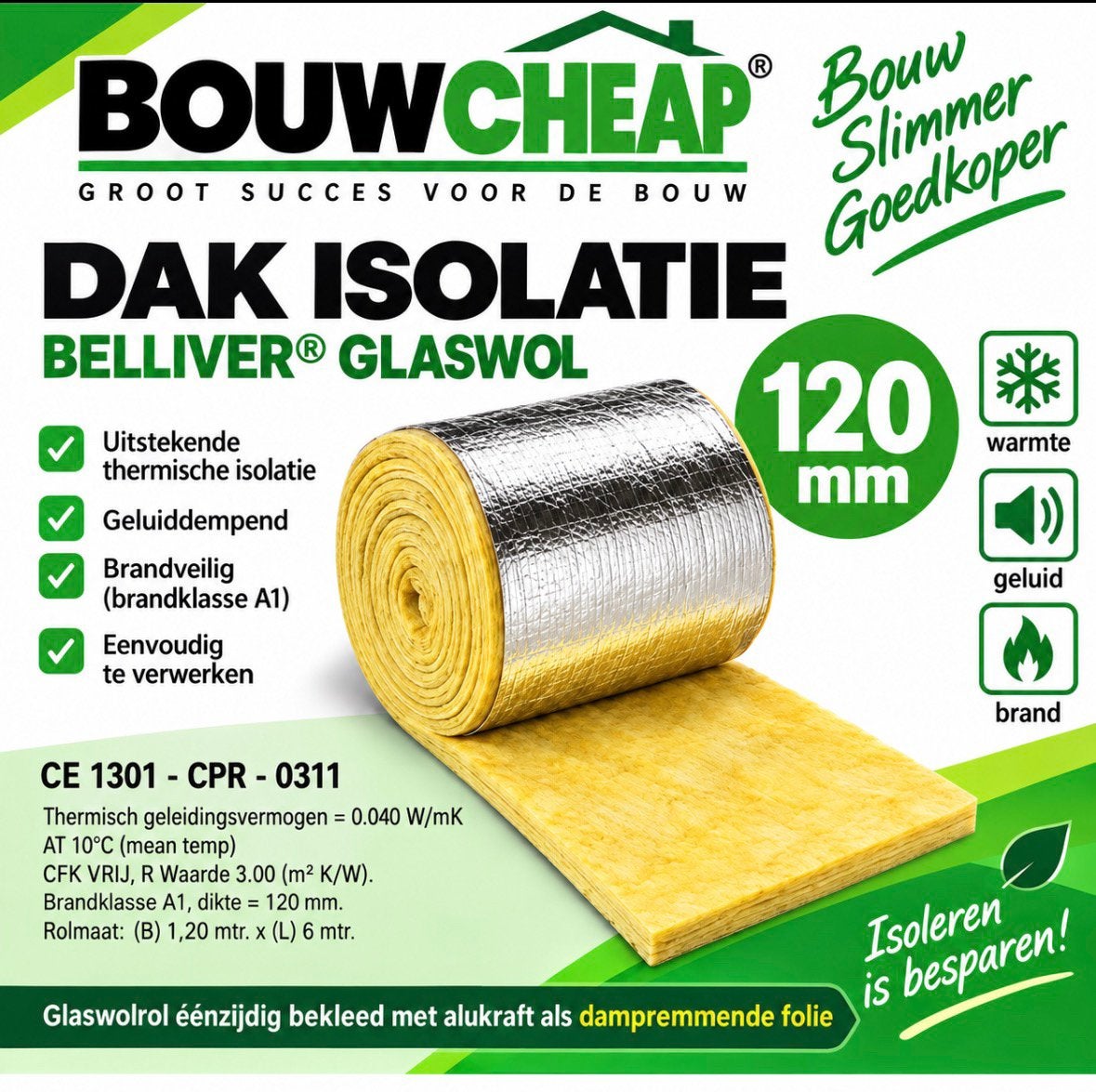 Glaswol isolatie op rol met aluminium dampremmende folie, Doe-het-zelf en Verbouw, 4 tot 8 cm, Nieuw, Ophalen of Verzenden, 15 m² of meer