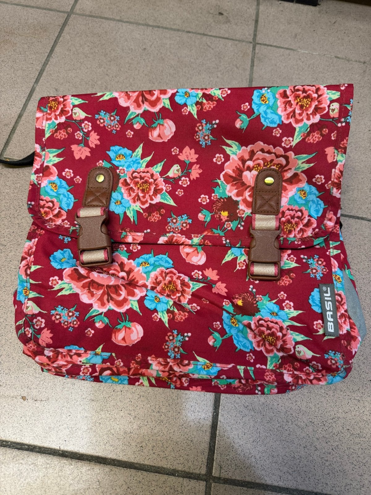Basil fietstas dubbel - rood met bloemenprint, Ophalen of Verzenden, Gebruikt