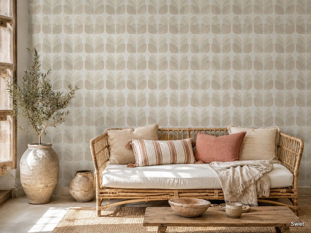 13890 Tulpjes behang in crème en beige uit de 70s swiet, Ophalen of Verzenden, Beige