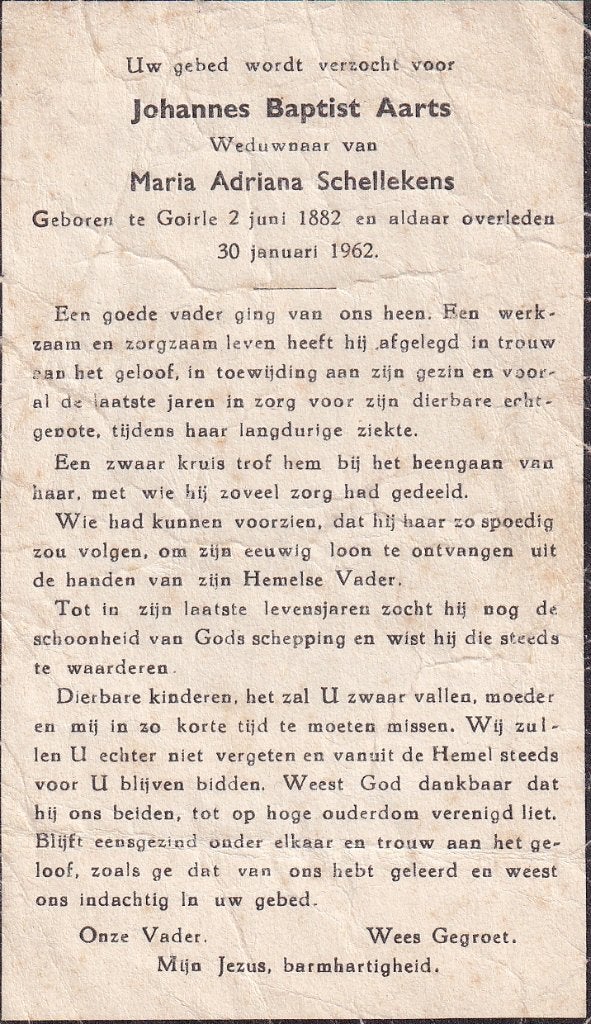 Aarts Johannes 1882 Goirle 1962, Ophalen, Bidprentje