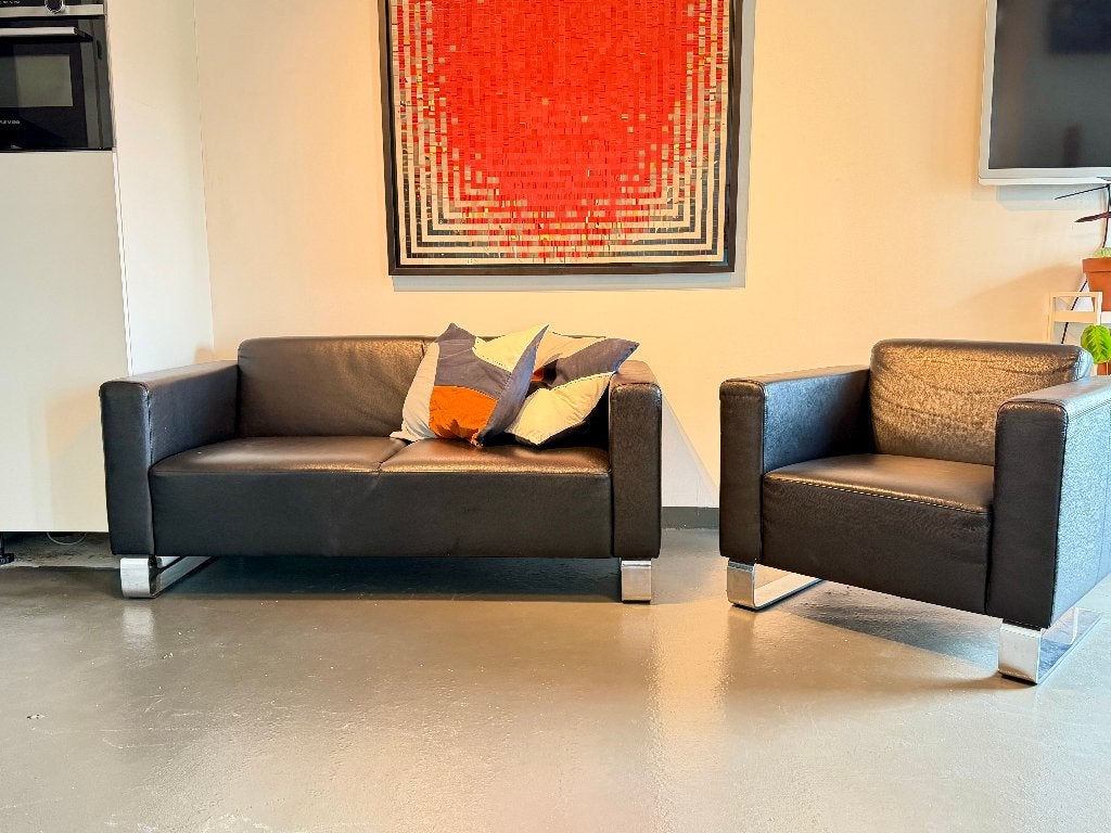 Brühl & Sippold design bank + fauteuil | echt leer, Huis en Inrichting, Ophalen, Leer, 150 tot 200 cm, Tweepersoons