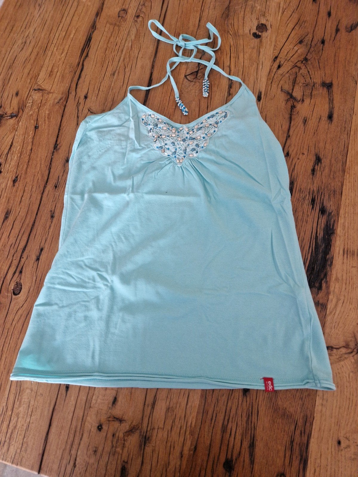 Te koop lichtblauwe open rug halter damestop, maat M, merk E, Kleding | Dames, Maat 38/40 (M), Blauw, Ophalen of Verzenden, Zo goed als nieuw