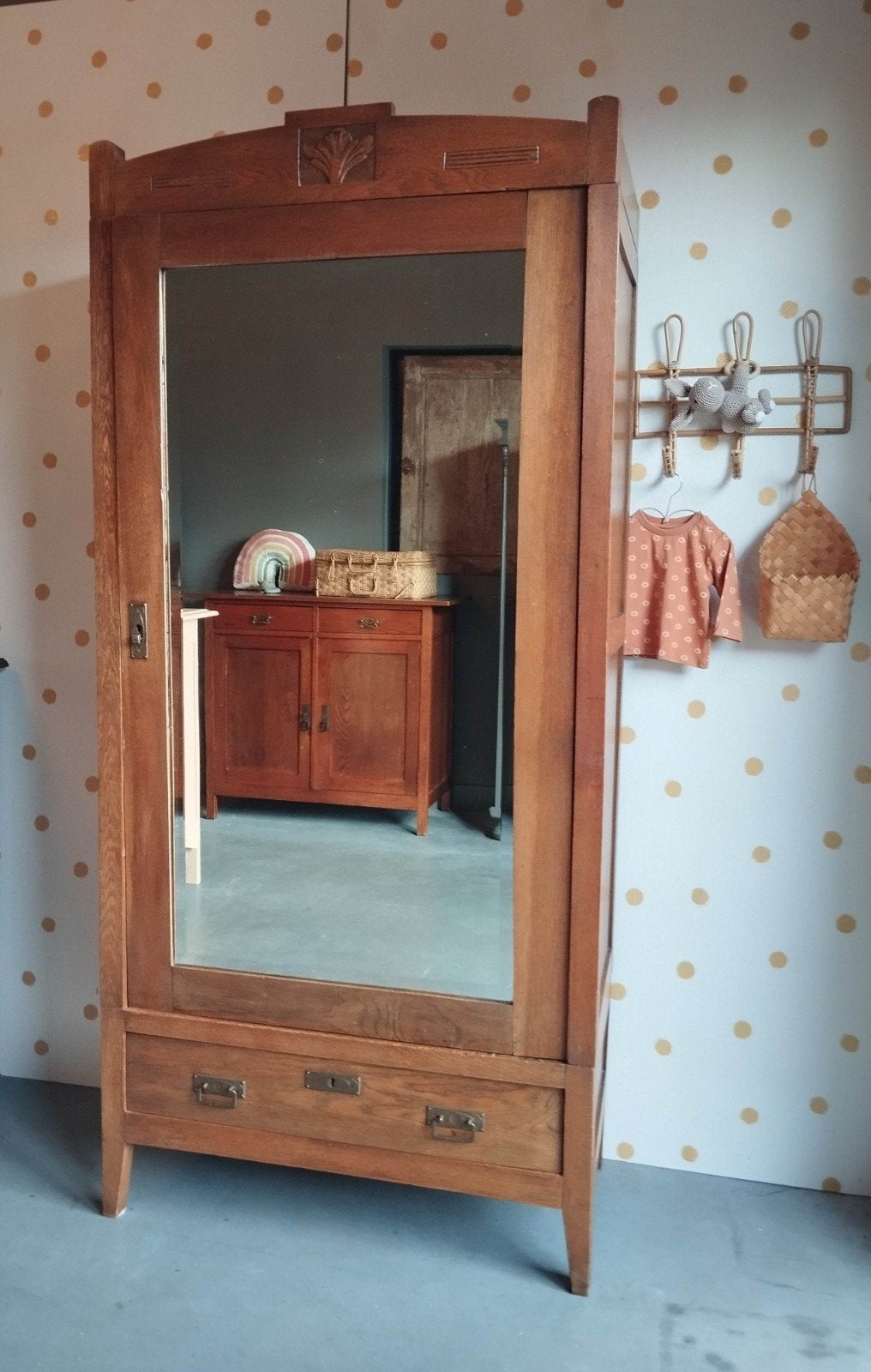 Vintage eendeurskast / demontabel / eikenhout / spiegel, Ophalen of Verzenden, 25 tot 50 cm, Eikenhout, 150 tot 200 cm