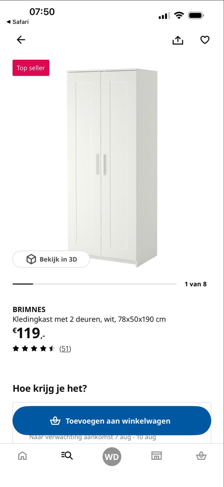 Witte IKEA Brimnes kledingkast met 2 deuren en planken, Ophalen, 50 tot 100 cm, Zo goed als nieuw, 150 tot 200 cm