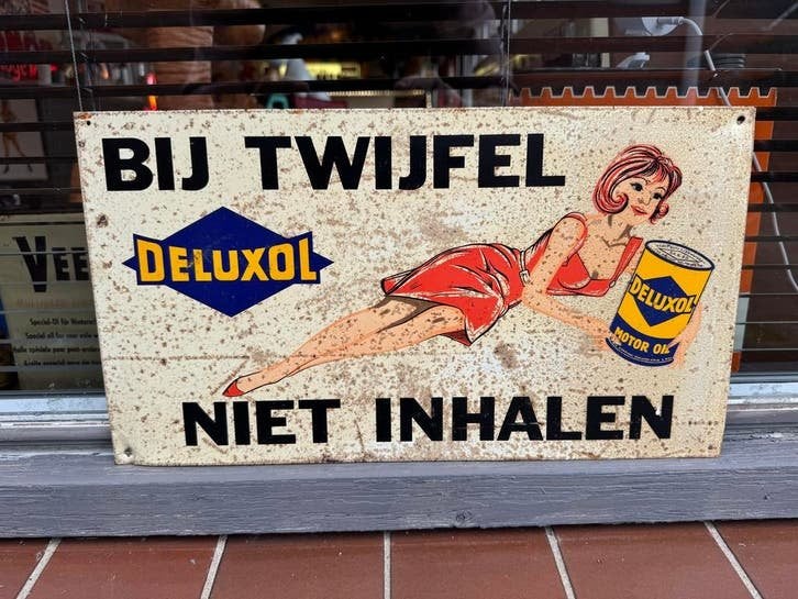 Vintage Deluxol Reclamebord - Bij Twijfel Niet Inhal, Verzamelen, Reclamebord, Gebruikt, ., Ophalen of Verzenden