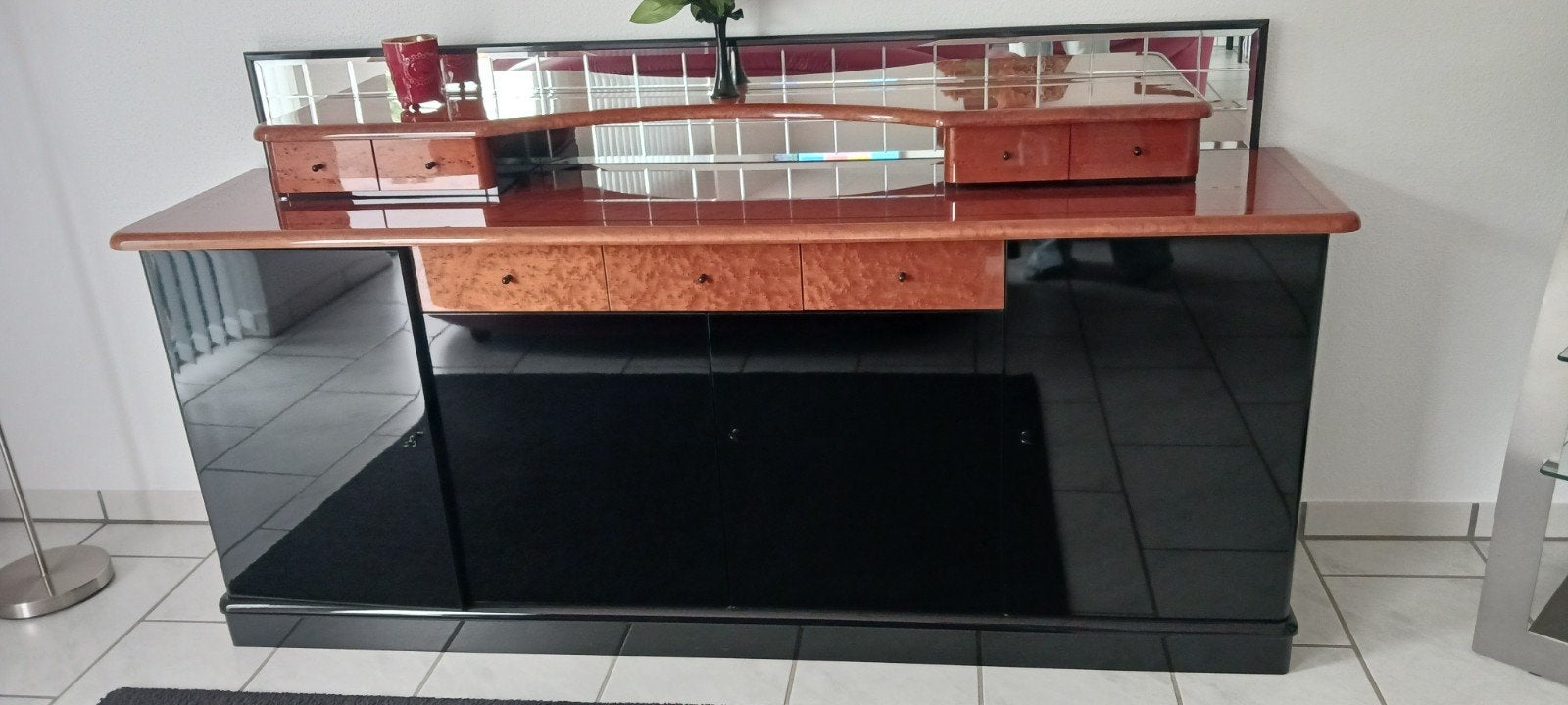 Luxe dressoir met spiegel en lades - Hoogglans zwart/hout, Ophalen, Zo goed als nieuw, 200 cm of meer, Modern, Luxe