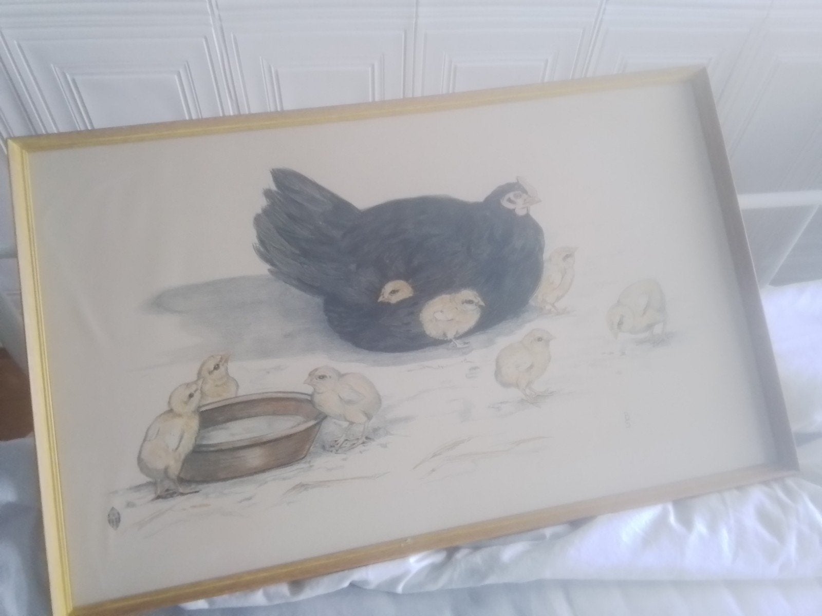 groot schilderij kip met kuikens, tekening, gemerkt, Ophalen