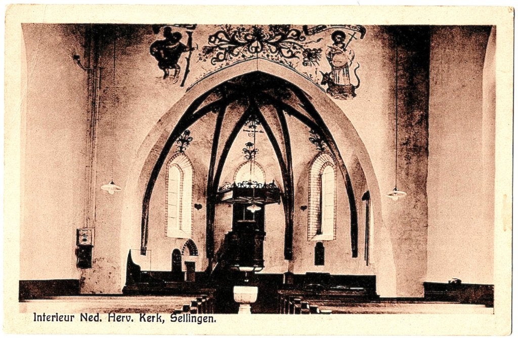 Sellingen Gr, int. N.H.kerk, verstuurd 1925, richtprijs 4,==, Verzenden, 1920 tot 1940, Gelopen, Groningen
