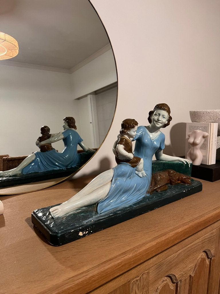 Art-Deco polychroom gipsen beeld Vrouw met kind - Arnova 293, Blauw, Art deco, Overige materialen, Beeld