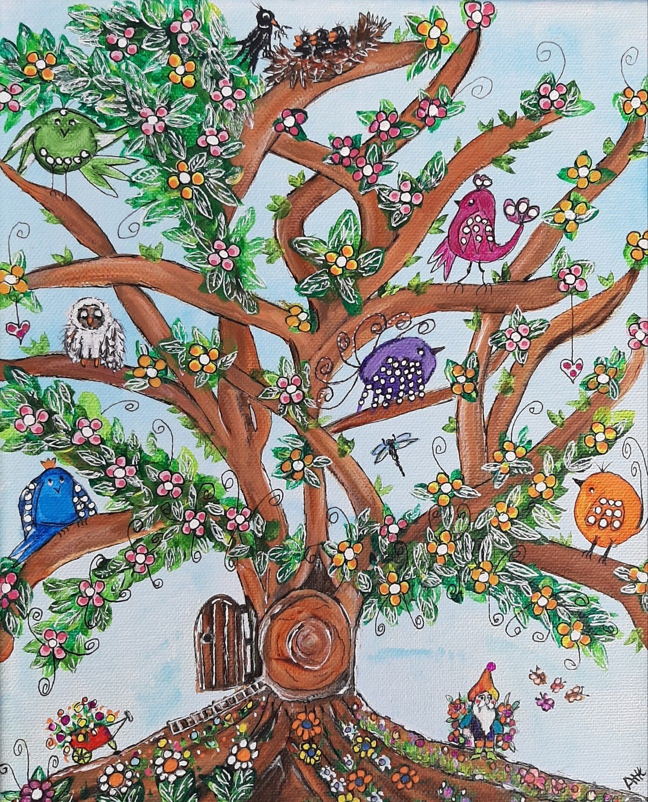 schilderij boom met vogels en kabouters vrolijk acryl canvas, Ophalen of Verzenden, Gesigneerd, Acrylverf, Landschap