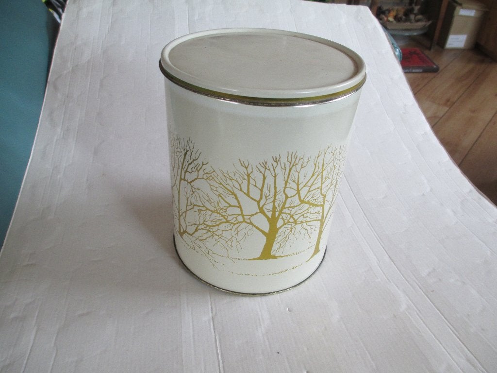set vintage voorraadblikken beige met gouden bomen, Ophalen of Verzenden, Gebruikt, Koek(jes)
