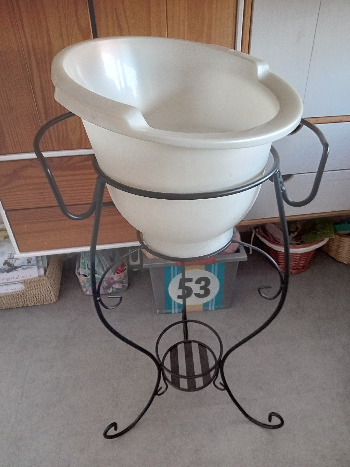 Vintage waskom met smeedijzeren standaard, Ophalen, Kunststof, Wit, Gebruikt