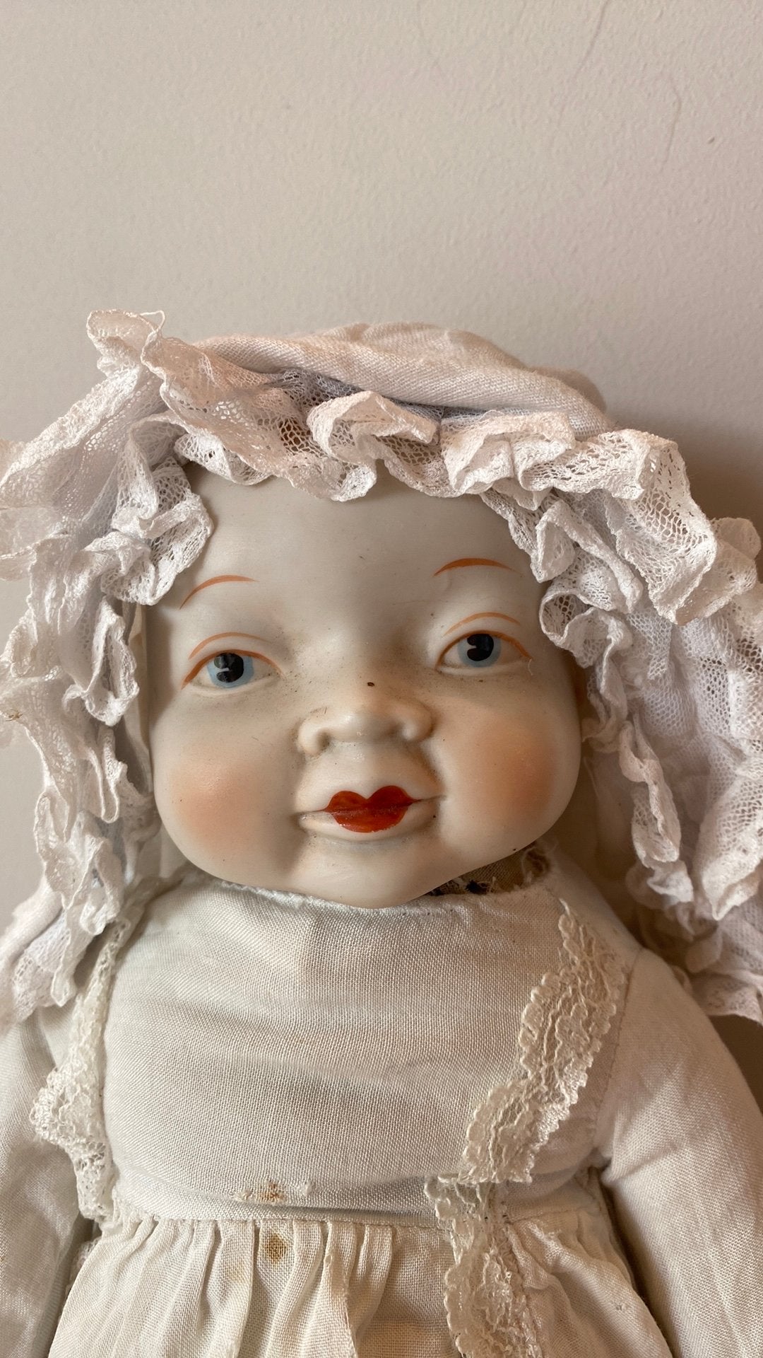 Antieke pop Baby ca.1920 39cm – bisque hoofd, handschade, Ophalen, Gebruikt, Pop