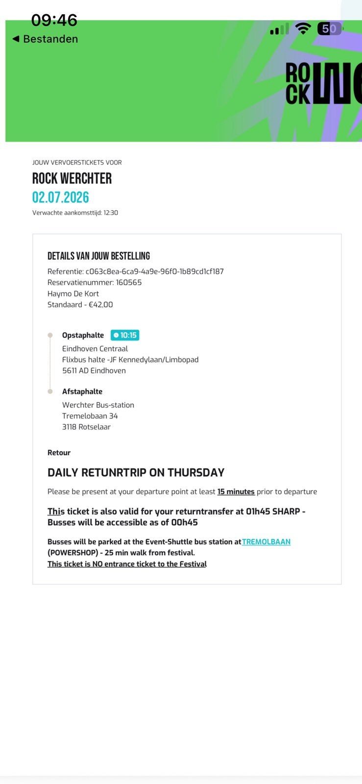 Event shuttle naar Rock Werchter do 2 juli vanaf Eindhoven, Twee personen, Bus, Metro of Tram, Met bestemming of datum
