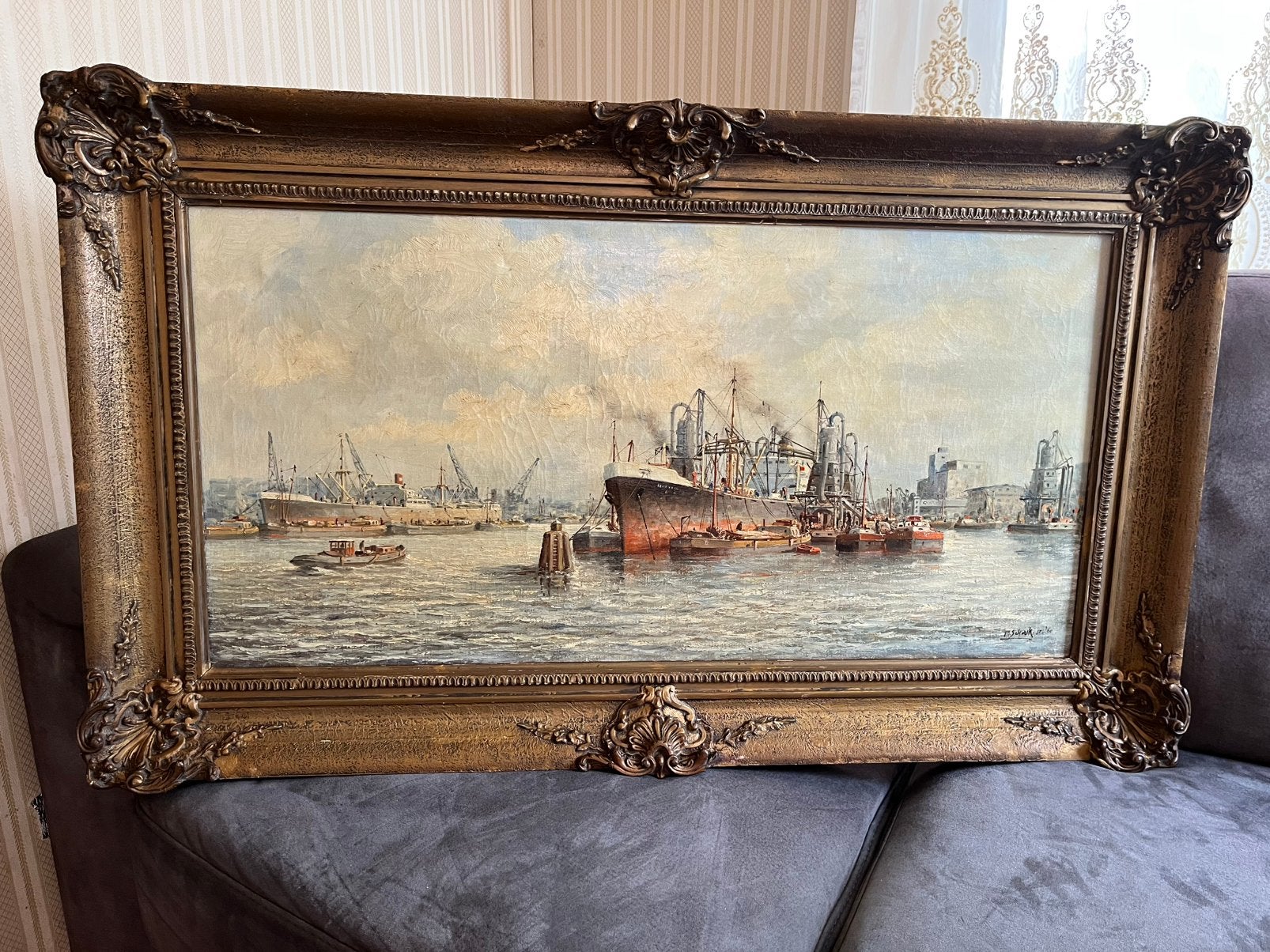 Antiek groot olieverf haven met boten schilderij, Antiek en Kunst, Kunst | Schilderijen | Klassiek, Ophalen