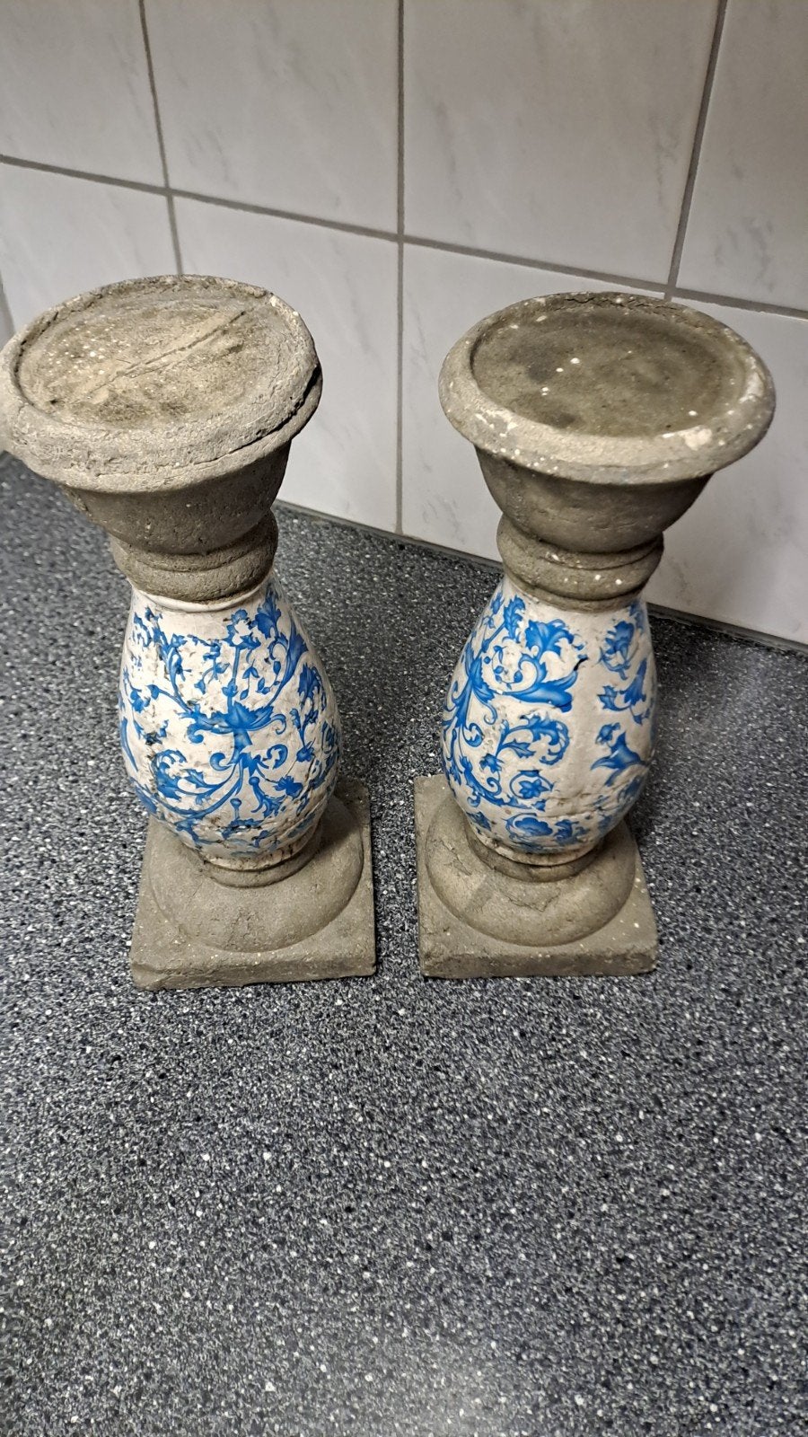 Set van 2 decoratieve pilaren/kandelaars met blauw patroon, Ophalen of Verzenden
