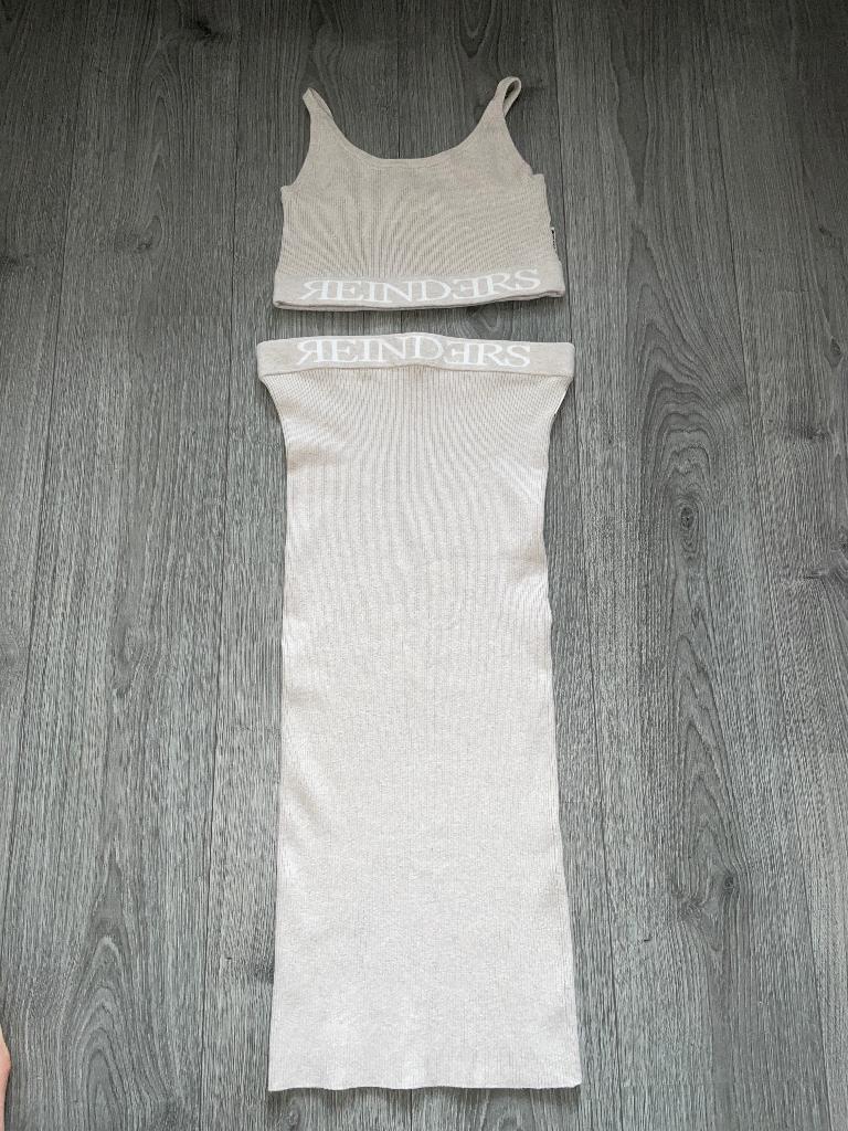 reinders beige tweedelig twin set rib top en rok mt M / L, Maat 38/40 (M), Reinders, Beige, Ophalen of Verzenden