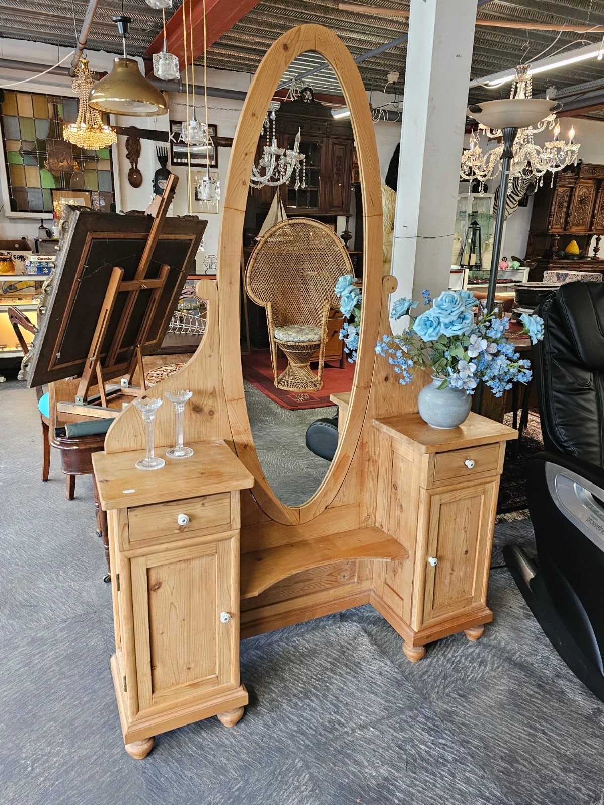 Vintage houten kaptafel met ovale spiegel en lades, Ophalen of Verzenden, Ovaal, Minder dan 50 cm