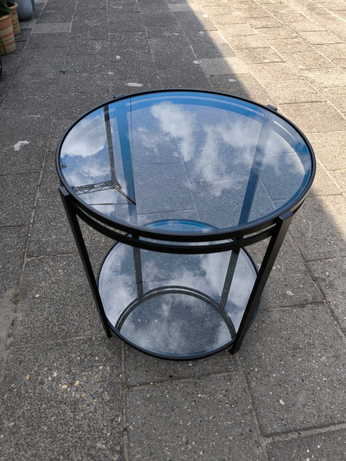Glazen bijzettafel metaal 50x51 cm, Minder dan 55 cm, Rond, Ophalen, 45 tot 60 cm