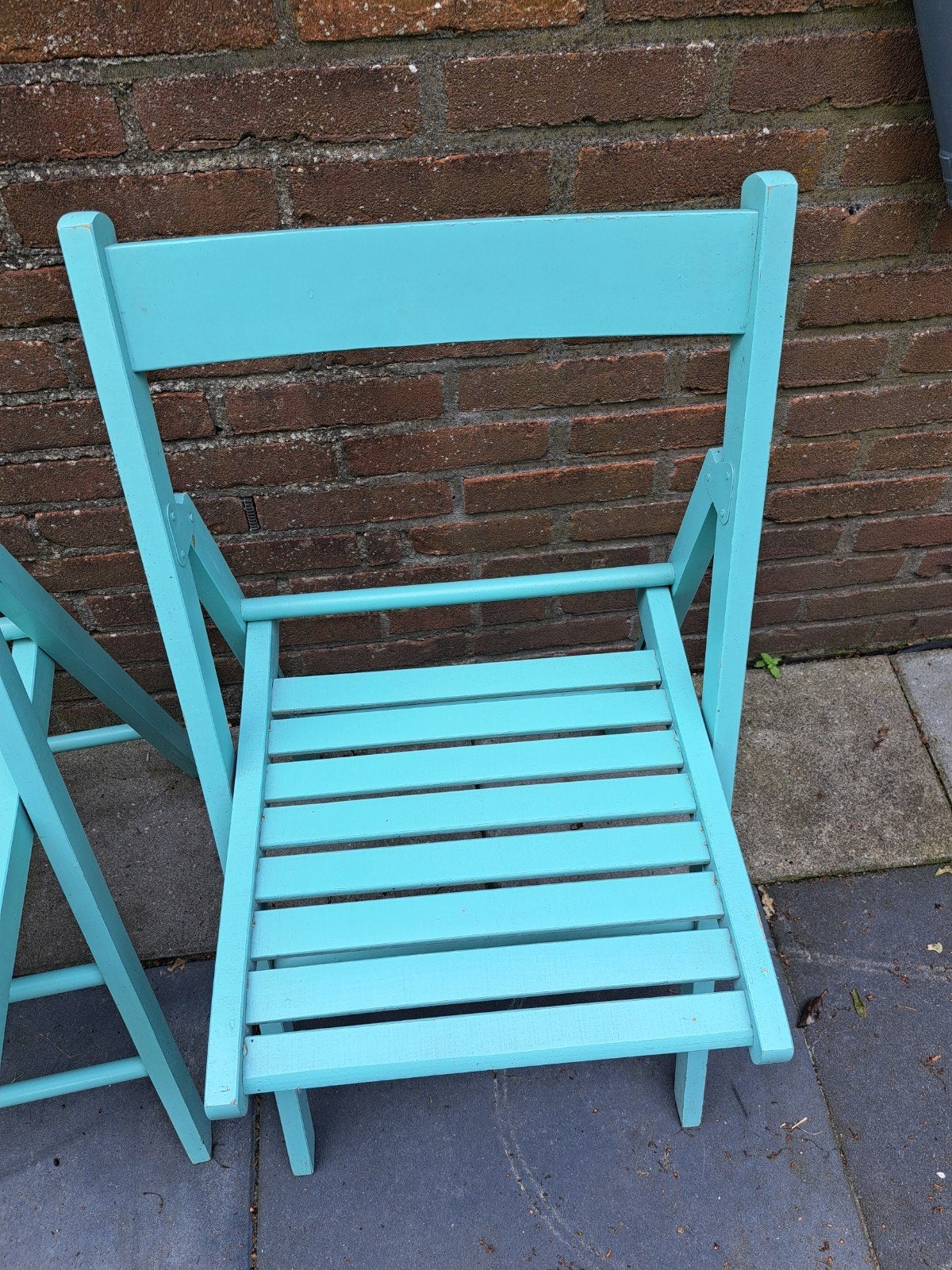 3 turquoise houten klapstoelen, Huis en Inrichting, Stoelen, Ophalen, Gebruikt, Overige kleuren, Drie