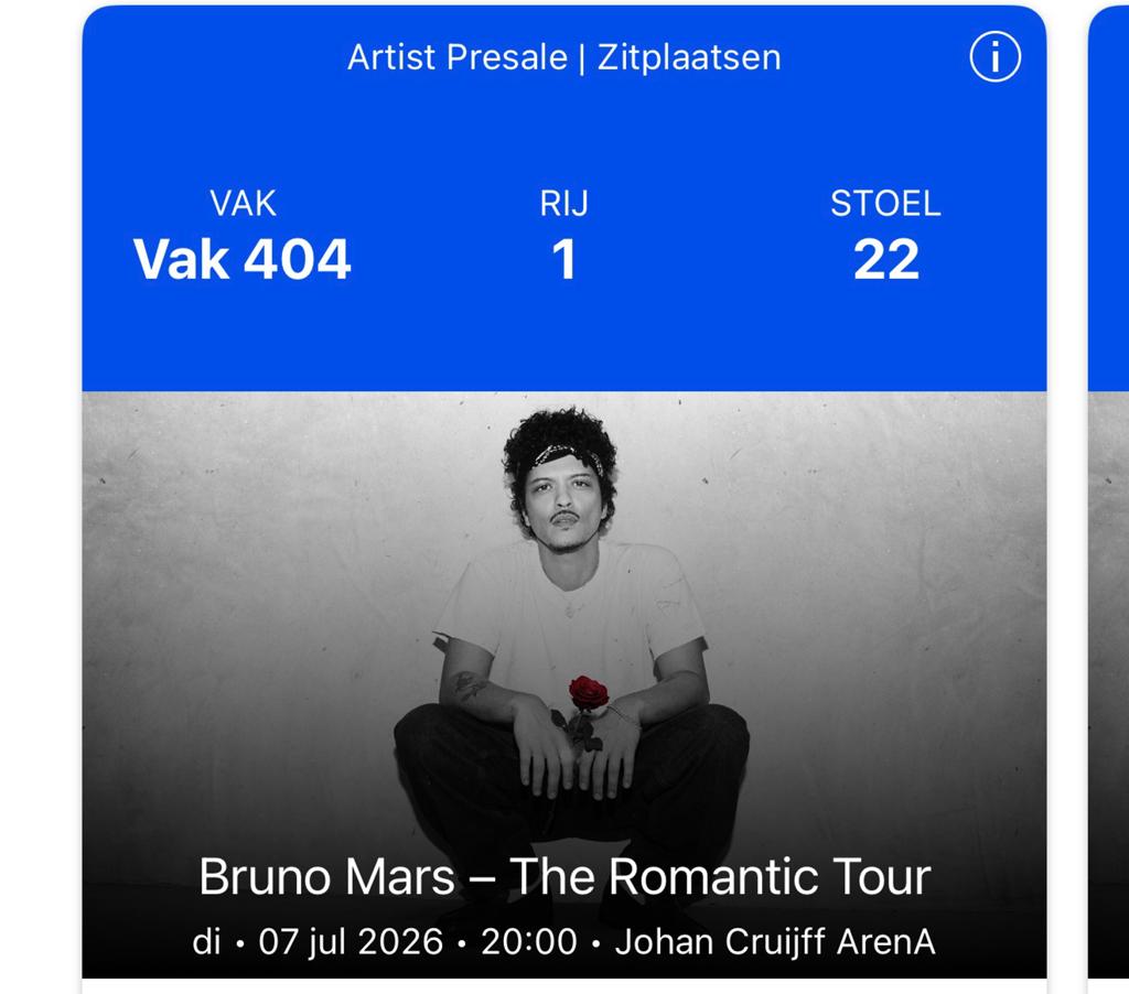 Bruno Mars concert dinsdag 7 juli 2026, stoelen naast elkaar, Twee personen, Juli