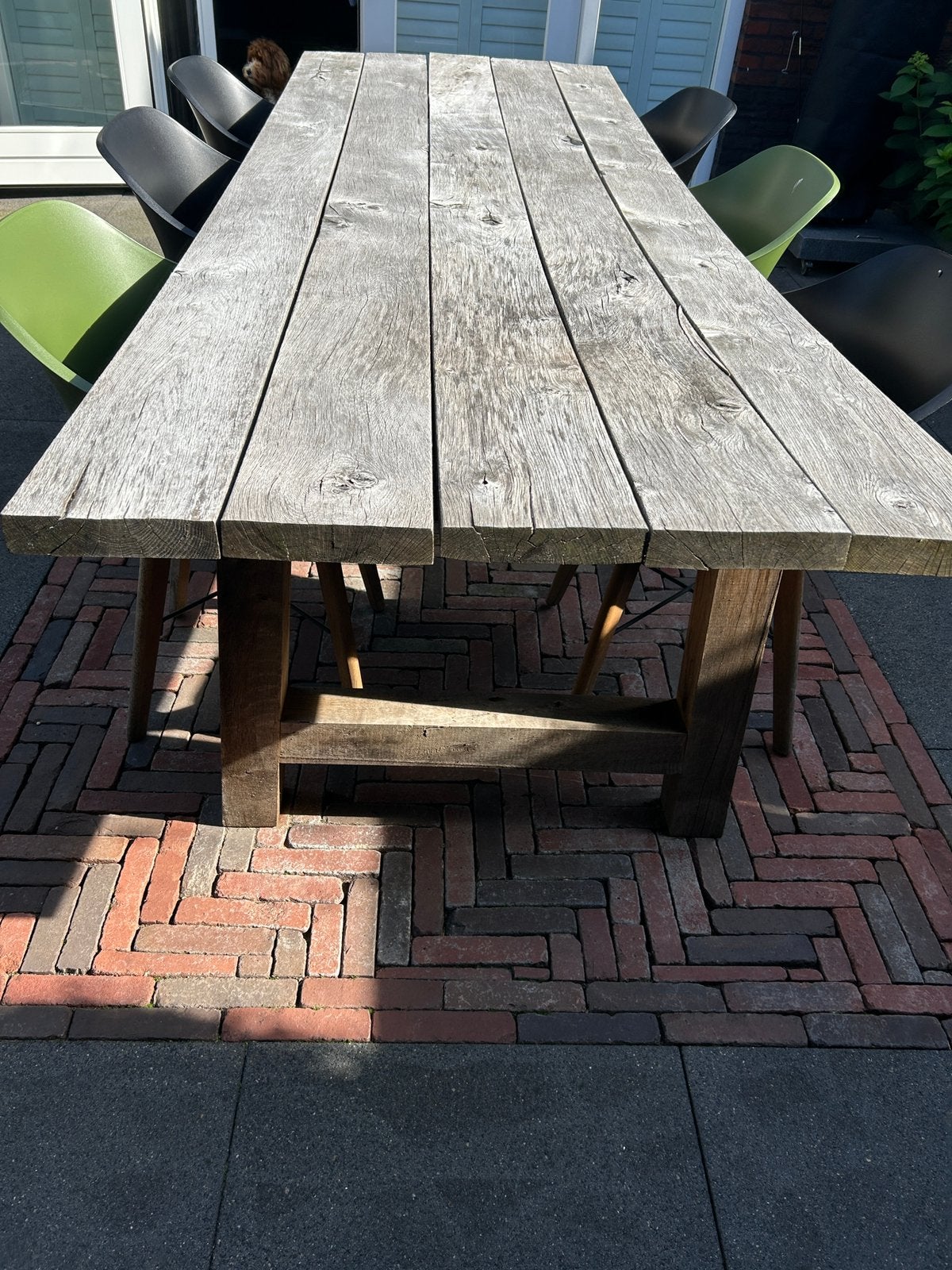 Tuintafel, gemaakt van oud eiken wagonplanken, 2.90x1.00, Ophalen, Gebruikt, Rechthoekig, Hout
