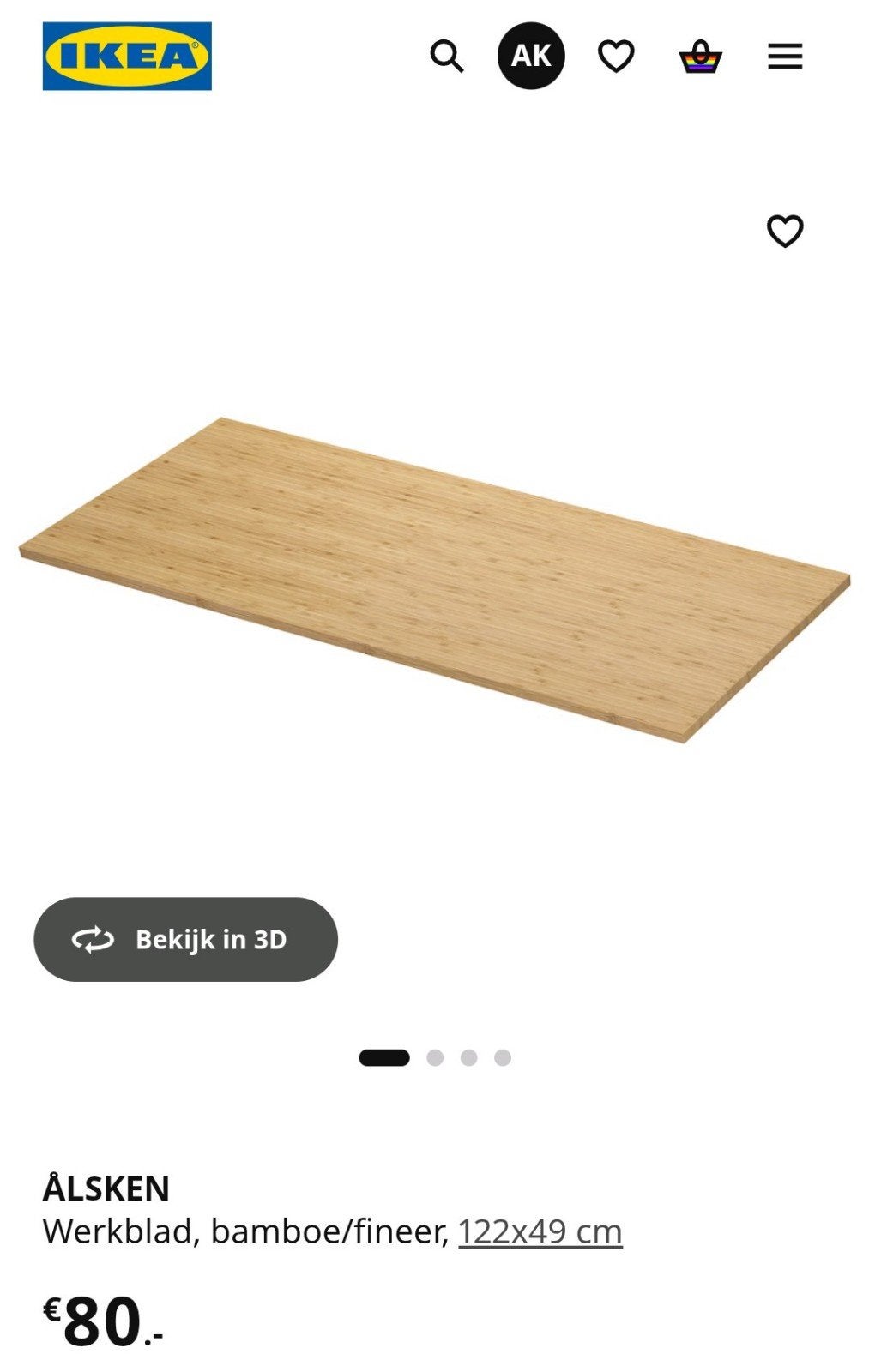 IKEA ÅLSKEN / ALSKEN Werkblad, bamboe/fineer, 122x49 cm, Ophalen, Minder dan 50 cm, Nieuw, Minder dan 25 cm