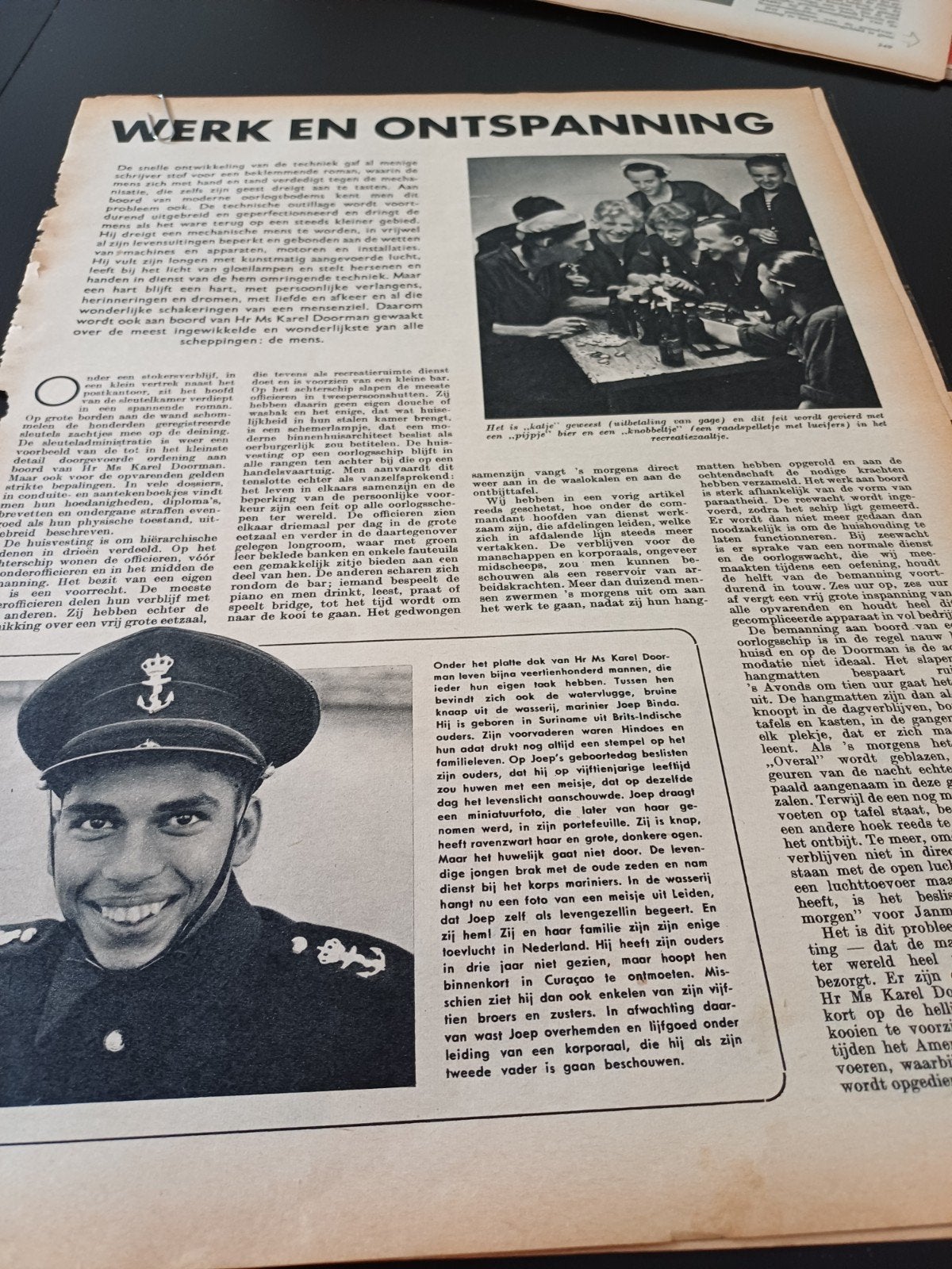 artikel ms Karel Doorman werk en ontspanning 5 pagina s 1955, Ophalen of Verzenden, Gebruikt, Kaart, Foto of Prent