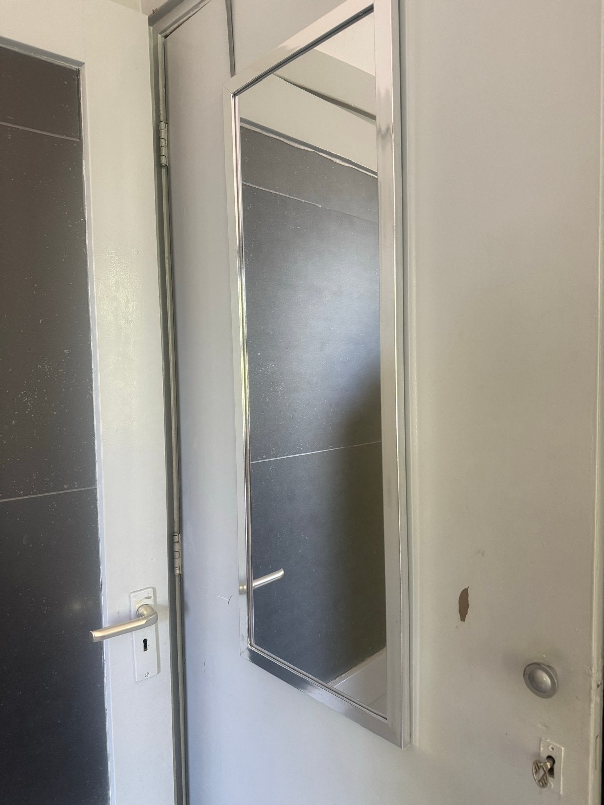 Lange spiegel met zilverkleurige lijst, Minder dan 50 cm, Gebruikt, 100 tot 150 cm, Ophalen of Verzenden