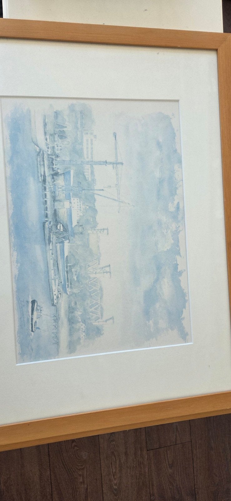 Jan Nieuwenhuizen - Havenzicht (1966), Antiek en Kunst, Kunst | Tekeningen en Foto's, Ophalen, Tekening, Aquarel, Achter glas