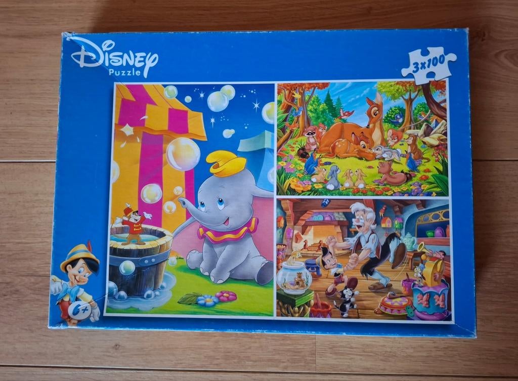 Disney puzzels 3x100 stukjes: Dumbo, Bambi, Pinocchio, Ophalen, Minder dan 500 stukjes, Gebruikt, Legpuzzel