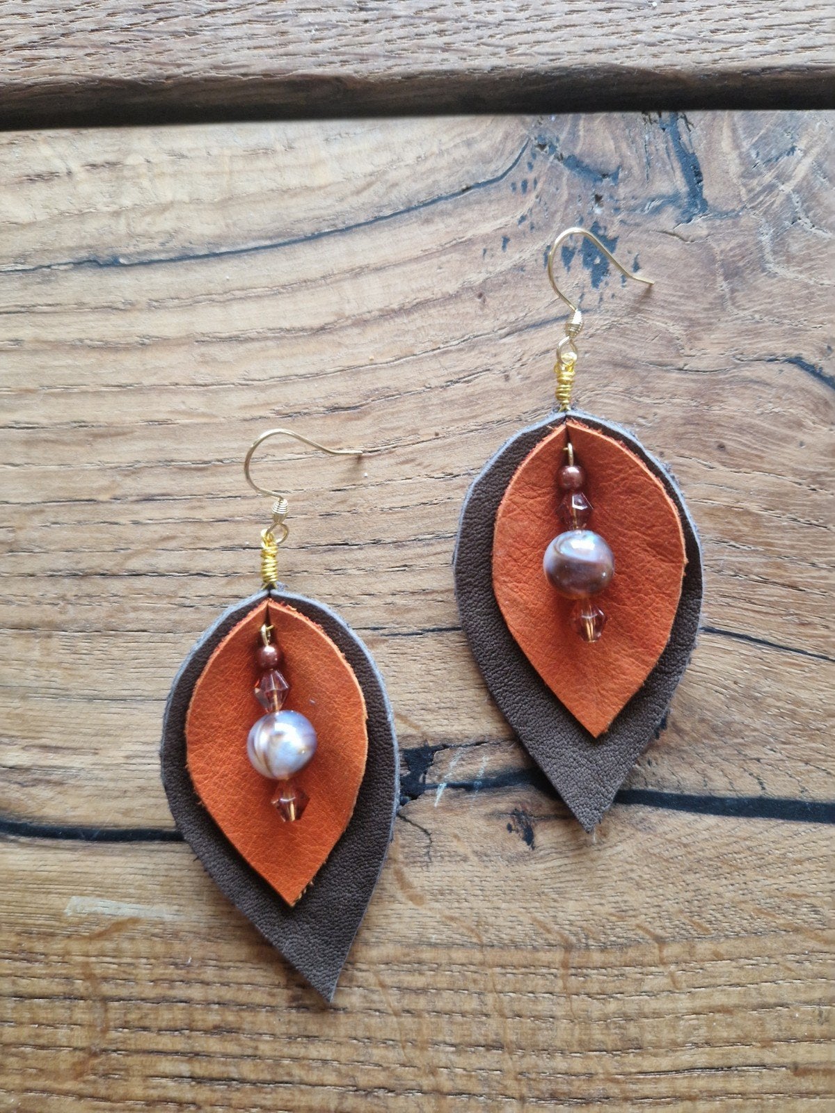 Oorbellen leer, Overige materialen, Hangers, Nieuw, Oranje