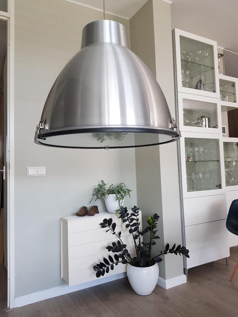 Factory industriële hanglamp matte RVS look, Huis en Inrichting, Lampen | Hanglampen, Zo goed als nieuw, Glas, Metaal, Ophalen of Verzenden