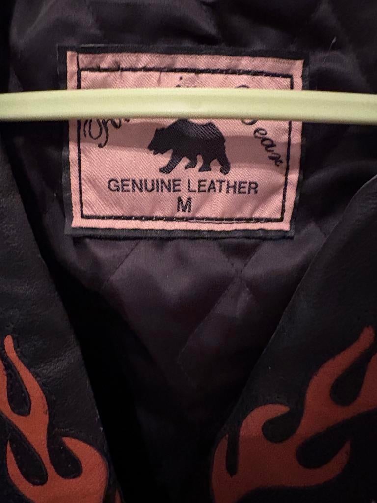 Vintage Leren Bikerjack met Franjes en Vlammen - Maat M, Ophalen of Verzenden, Gedragen, Maat 38/40 (M), Zwart