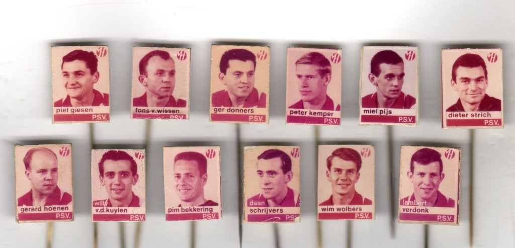 12 speldjes VAN HOUTEN VOETBAL PSV VAN DER KUYLEN SCHRIJVERS, Ophalen of Verzenden, Gebruikt, Overige onderwerpen