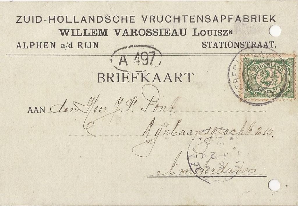 ALPHEN a d Rijn 1910 Zuid-Holl. Vruchtesapfabriek VAROSSIEAU, Ophalen of Verzenden, Voor 1920, Gelopen, Zuid-Holland